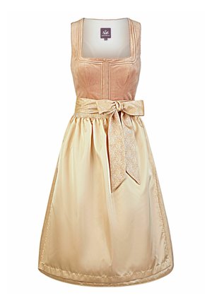 Sleeveless beige dirndl dress with square neckline, fitted bodice, and shiny sash tied in a bow at the waist over a full skirt.