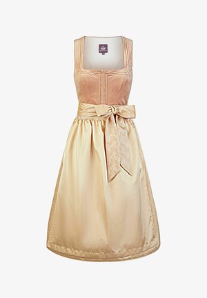 Mouwloze beige dirndl-jurk met een vierkante halslijn, nauwsluitend lijfje en glanzende strikband die in een strik op de taille is gebonden, gedragen over een volle rok.