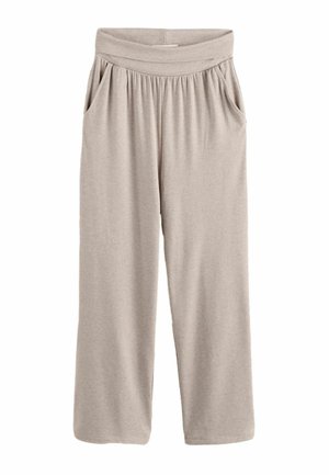 Hellbeige Hosen mit weitem Bein, einem gesmokten elastischen Bund und Seitentaschen, gefertigt aus weichem, bequemem Stoff.