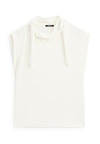 White short-sleeve top featuring a draped cowl neck, relaxed fit, and soft cotton material. Subtle stitching detailing along the edges.