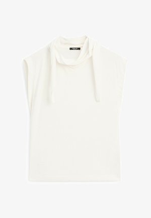 Biała bluzka z krótkim rękawem z dekoltem w stylu cowl, luźnym krojem i miękkim materiałem bawełnianym. Delikatne przeszycia wzdłuż krawędzi.