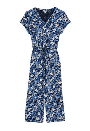 Blauer und weißer Blumen-Overall mit kurzen Ärmeln, V-Ausschnitt und Bindegürtel. Hat eine lockere Passform und ein weit ausgestelltes Bein-Design mit einem sich wiederholenden Blattmuster.