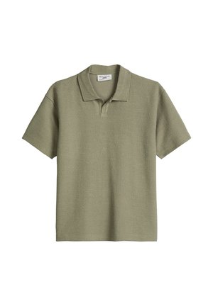 Short-sleeve olive green terry cloth polo shirt with open collar and relaxed fit.
