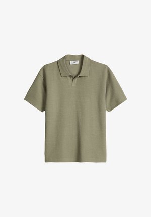 Short-sleeve olive green terry cloth polo shirt with open collar and relaxed fit.