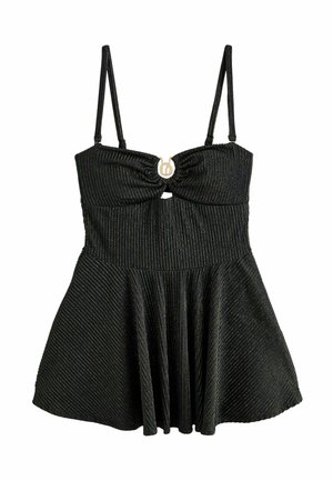 Schwarzes ärmelloses Kleid mit dünnen Trägern, tailliertem Oberteil mit zentralem goldenen Verschluss und dezenten vertikalen Schimmestreifen, ausgestelltem Rock.