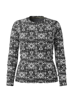 Long-sleeve shirt in black and white with a geometric pattern, rounded neckline, and textured fabric. Features fitted sleeves and hem.