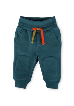Türkisfarbene Kleinkinderhose mit gerippten Bündchen und Bund, orange und senffarbene Kordeln, Vordertaschen und gesteppte Kniepolster.