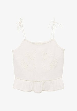 White cotton camisole with adjustable shoulder straps, embroidered floral pattern, frilled hem, and scalloped lace detailing.