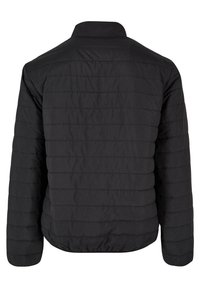 Black quilted jacket with a stand collar, elasticated hem and cuffs, featuring horizontal stitching pattern for added texture.