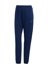 Marineblaue Sporthosen aus weichem Stoff, mit einem elastischen Bund, Seitentaschen und einem dezenten Logo am linken Bein.