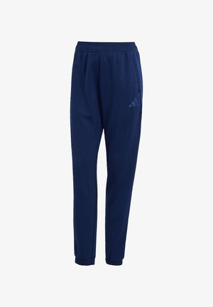 Navy blue athletic pants made of soft fabric, featuring an elastic waistband, side pockets, and a subtle logo on the left leg.