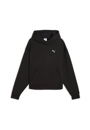 Czarna bluza z kapturem typu pullover, z kieszenią kangurką z przodu i małym białym logo Puma na piersi.
