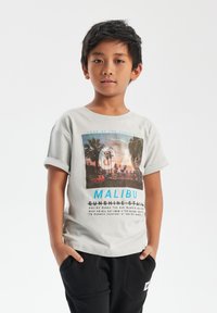 Heled halli puuvillane T-särk, millel on värvikas graafikaprint rannast palmi puudega ja tekst "MALIBU" julge sinise kirjatüübiga.