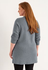 Grå langærmet sweater med en afslappet pasform, sideslidser og op-rullede ærmer, lavet af blødt strikket stof, vist fra ryggen.