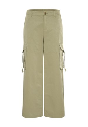 Pantalons cargo en beige clair, avec une coupe ample, de grandes poches latérales et des liens ajustables aux chevilles. Fabriqués en tissu doux et résistant.