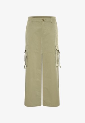 Pantalons cargo en beige clair, avec une coupe ample, de grandes poches latérales et des liens ajustables aux chevilles. Fabriqués en tissu doux et résistant.