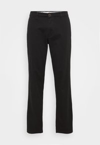 Schwarze Baumwollhose mit geradem Bein, Reißverschluss und Knopfverschluss vorne sowie zwei Seitentaschen. Glatte Textur.