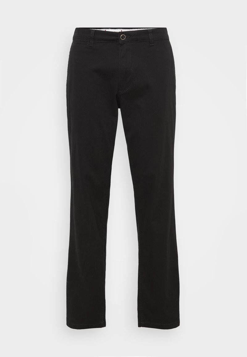 Schwarze Baumwollhose mit geradem Bein, Reißverschluss und Knopfverschluss vorne sowie zwei Seitentaschen. Glatte Textur.