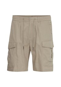 Beige cargo shorts med elastisk midje, snøring og to sidelommer, med et lett stoff og et avslappet design.