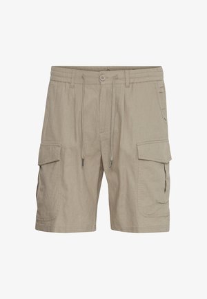 Beige cargoshorts met een elastische tailleband, trekkoord en twee zijzakken, vervaardigd van een lichtgewicht stof en met een ontspannen ontwerp.