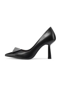 Décolleté nera in pelle con tacco alto e punta affilata, caratterizzata da un accento geometrico nero sulla tomaia e un tacco quadrato elegante.
