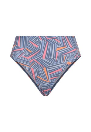 Bikini spodky s vysokým pásom s geometrickým vzorom v modrej, ružovej a oranžovej farbe. Vyrobené z elastickej plaveckej tkaniny s hladkou textúrou.