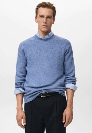 Hombre con cabello castaño claro viste un suéter azul de cuello redondo sobre una camisa azul clara, pantalones negros y cinturón negro, de pie contra un fondo blanco.