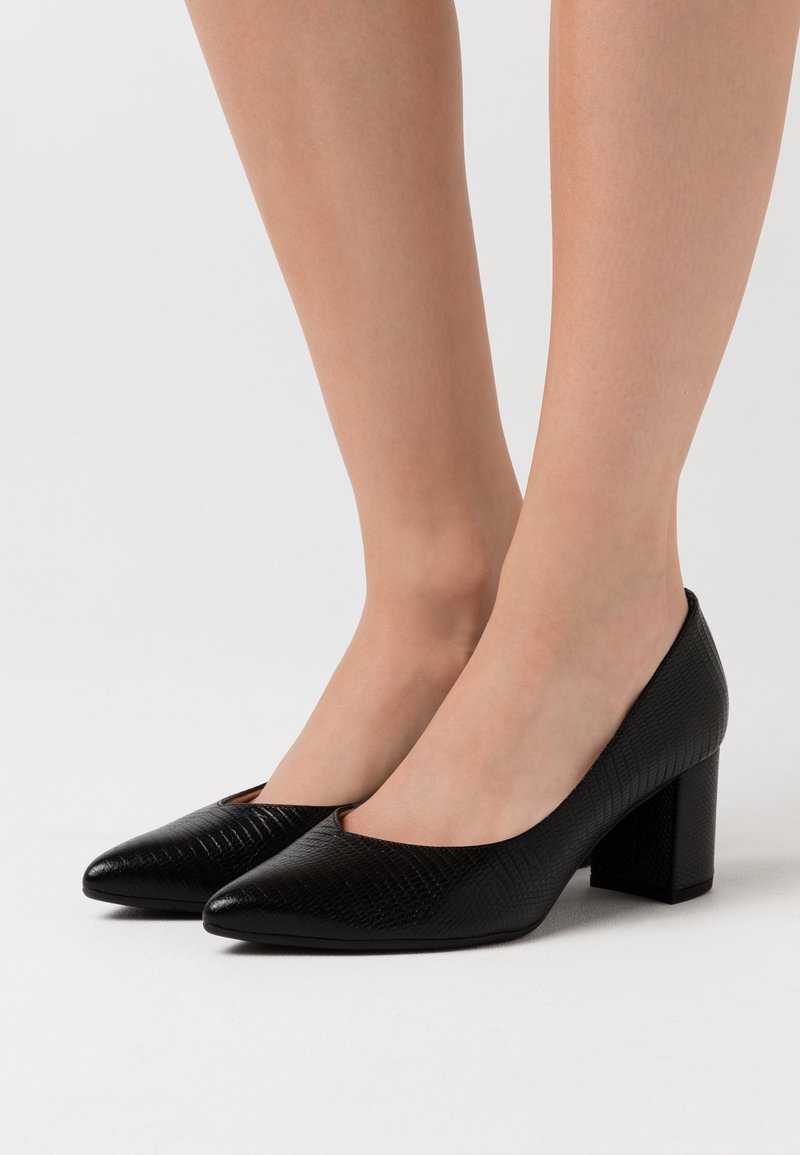 Chaussures noires texturées à talon bas carré portées pieds nus, montrant un bout pointu et une peau lisse sur le bas des jambes.
