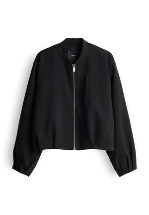 Black bomber jacket with a stand-up collar, zip front closure, elastic cuffs, and a chest pocket. Made from smooth fabric with a cropped fit.