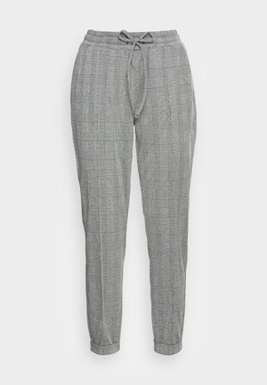 Gray checkered pants with an elastic waistband, adjustable drawstring, and tapered leg design. Made from lightweight fabric with subtle texture.