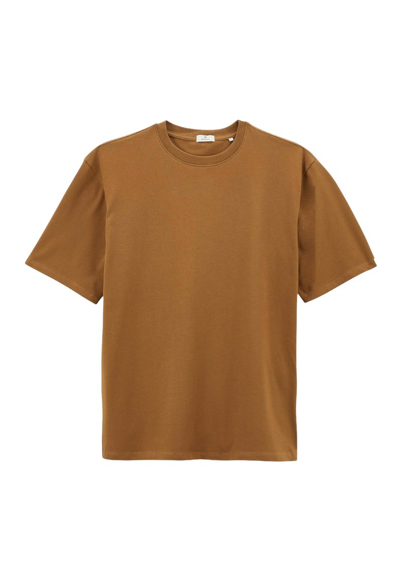 T-shirt en coton brun avec un col rond, des manches courtes et une texture lisse. Design simple sans motifs ni accents supplémentaires.