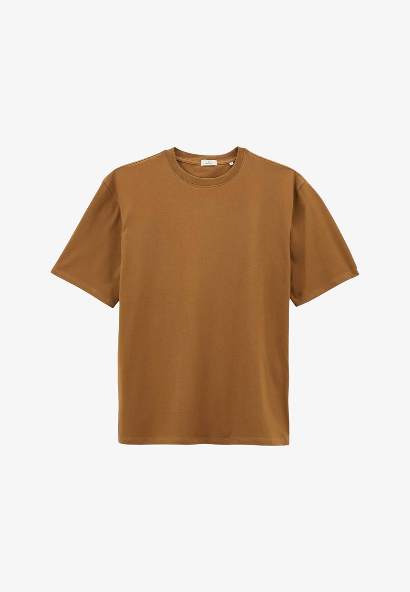 T-shirt en coton brun avec un col rond, des manches courtes et une texture lisse. Design simple sans motifs ni accents supplémentaires.