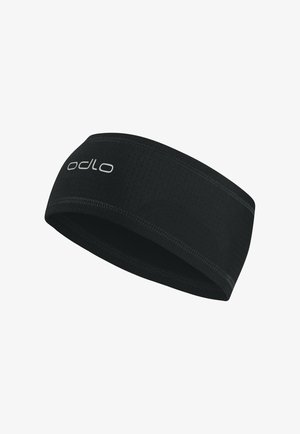 Schwarzes Odlo-Sportkopfband aus dehnbarem Stoff mit sichtbaren Nähten und strukturiertem Belüftungsmuster.