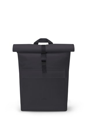Black roll-top backpack with front pocket and buckle closure, designed for urban or outdoor use, shown against white background.