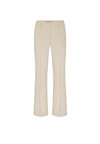 Beige flared trousers with a smooth texture, featuring a mid-rise waist and front crease detailing. Tailored design for a polished look.