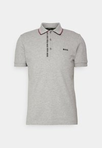 Gray polo shirt made of cotton, featuring a collar with pink accents and a button placket, along with a printed "BOSS" logo on the chest.