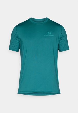 Teal short-sleeve athletic shirt made of smooth fabric. Features a crew neckline and a small logo printed on the chest.