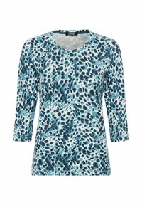 Rondhals langwerpige top van lichtgewicht stof. Blauwe en aqua abstracte print met zwarte vlekken, met een rechte zoom en aangesloten mouwen.
