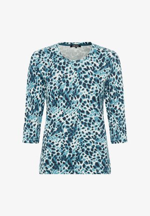 T-shirt à col rond à manches longues en tissu léger. Motif abstrait bleu et aqua avec des taches noires, présentant un ourlet droit et des manches ajustées.