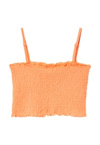 Korte oranje crop top met een gerimpelde textuur, dunne verstelbare bandjes en een geschulpte zoom. Gemaakt van een rekbare, lichte stof.