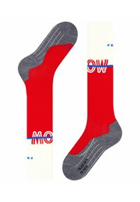 Rote und weiße gestrickte Socken mit grauen Akzenten. Sie verfügen über ein geometrisches Design und Text, mit verstärkter Spitze und Ferse. Größe auf der Sohle markiert.