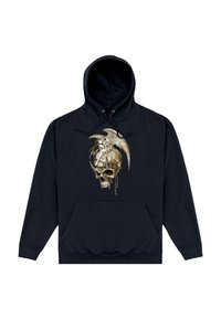 Felpa nera con cappuccio e tasca frontale, con una grafica di un teschio sotto un angelo con ali, dettagliata in tonalità crema e oro.