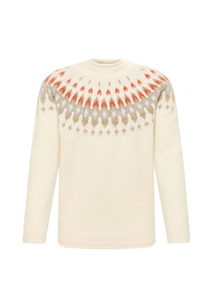 Cremefarbener gestrickter Pullover mit einem farbenfroh gemusterten Schulterbereich in Rot, Blau und Beige. Weicher Stoff mit langen Ärmeln und gerippten Bündchen.