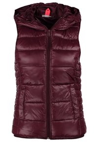Bordeauxrote Steppweste mit Kapuze, ausgestattet mit Reißverschluss, gesteppter Optik und Seitentaschen. Hergestellt aus glänzendem, leichtem Material.