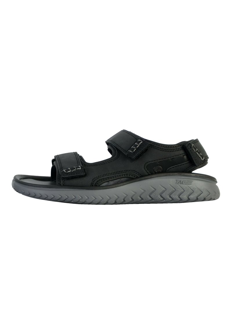 Sandalias negras con correas de Velcro ajustables, hechas de material sintético. Presentan una suela de goma gris con un patrón de banda texturizado.