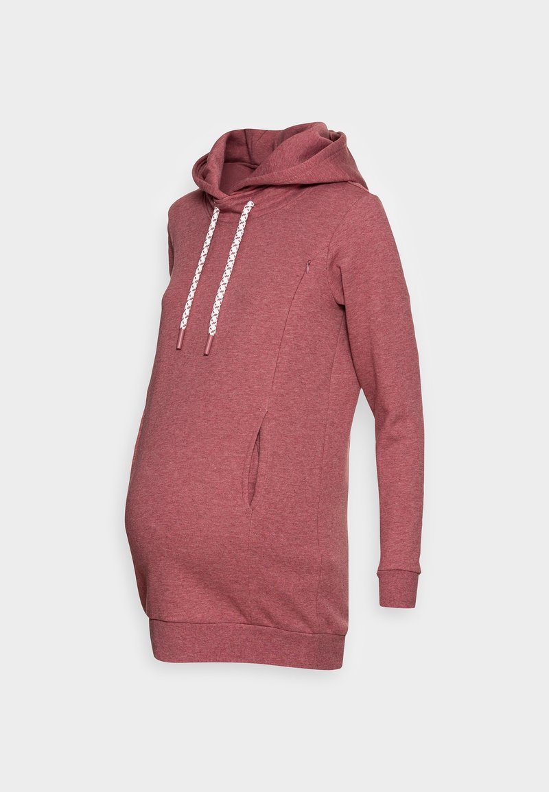 Maternity sweatshirt in a deep rose color, featuring a large hood, drawstring, and side pockets. Made from soft, stretchy fabric.