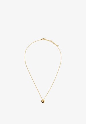 Collier délicat en chaîne d'or avec un petit pendentif poli en forme de cœur centré sur un fond blanc.