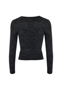 Maglietta nera a maniche lunghe con un design aderente, realizzata in un tessuto morbido e strutturato. Presenta un scollo ampio e una lunghezza cropped in vita.