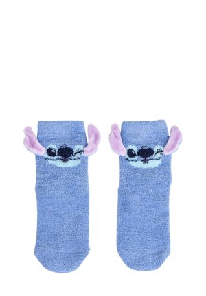 Blauwe fuzzy sokken met het gezicht van een cartoonfiguur, met paarse stoffen oren die vanaf de bovenkant uitsteken en een gestructureerde afwerking.