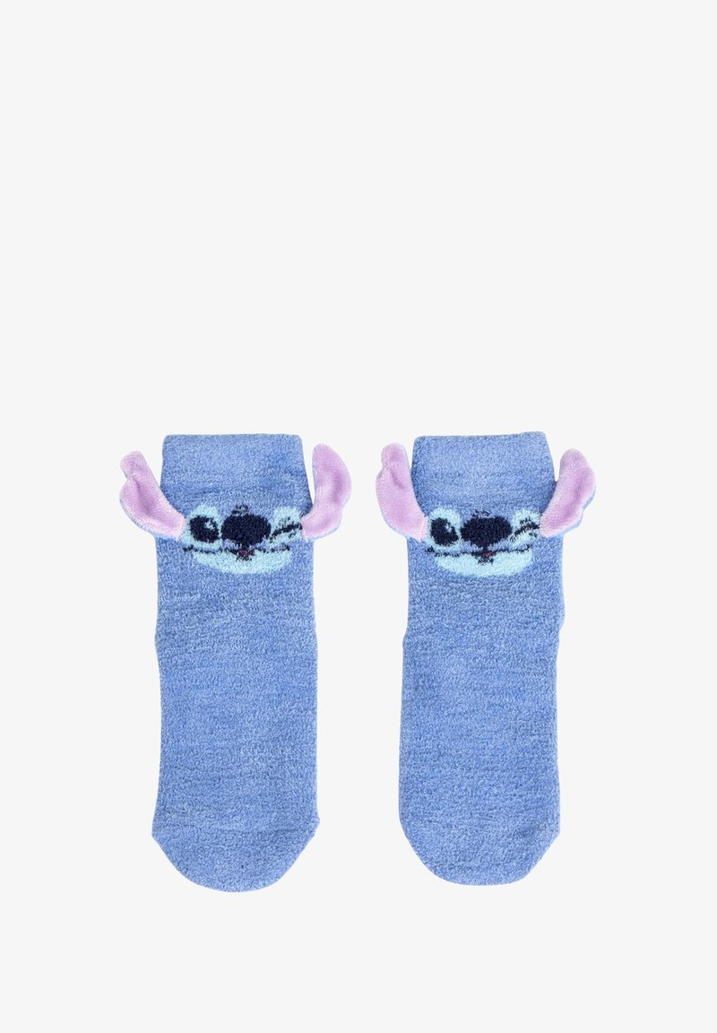 Chaussettes en peluche bleues avec le visage d'un personnage de dessin animé, ornées d'oreilles en tissu violet s'étendant du haut et d'une finition texturée.